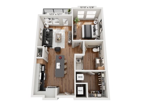Floor plan for 1 bed, 1 bath, 754 sqft